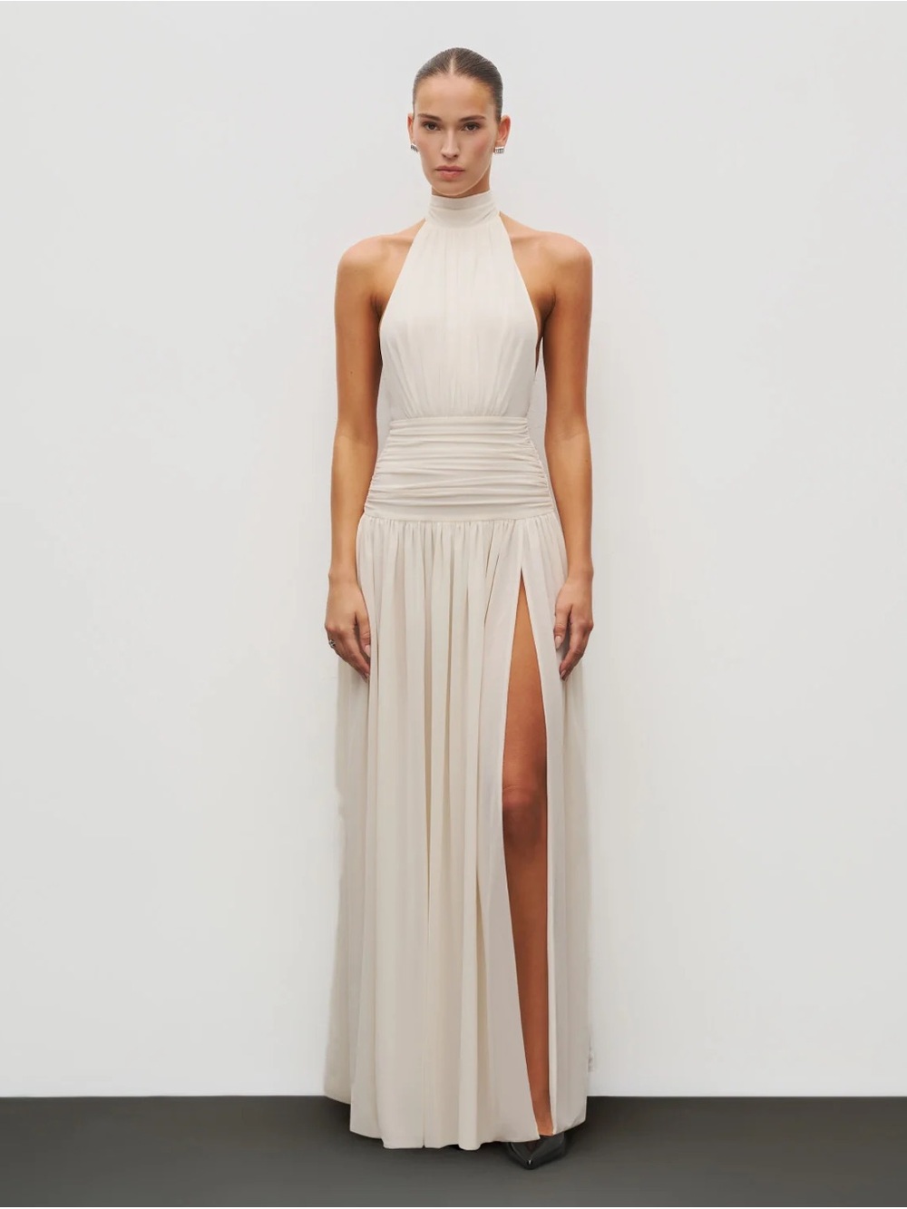 Halter Neck Cream Maxi Dress with Ruched Waist